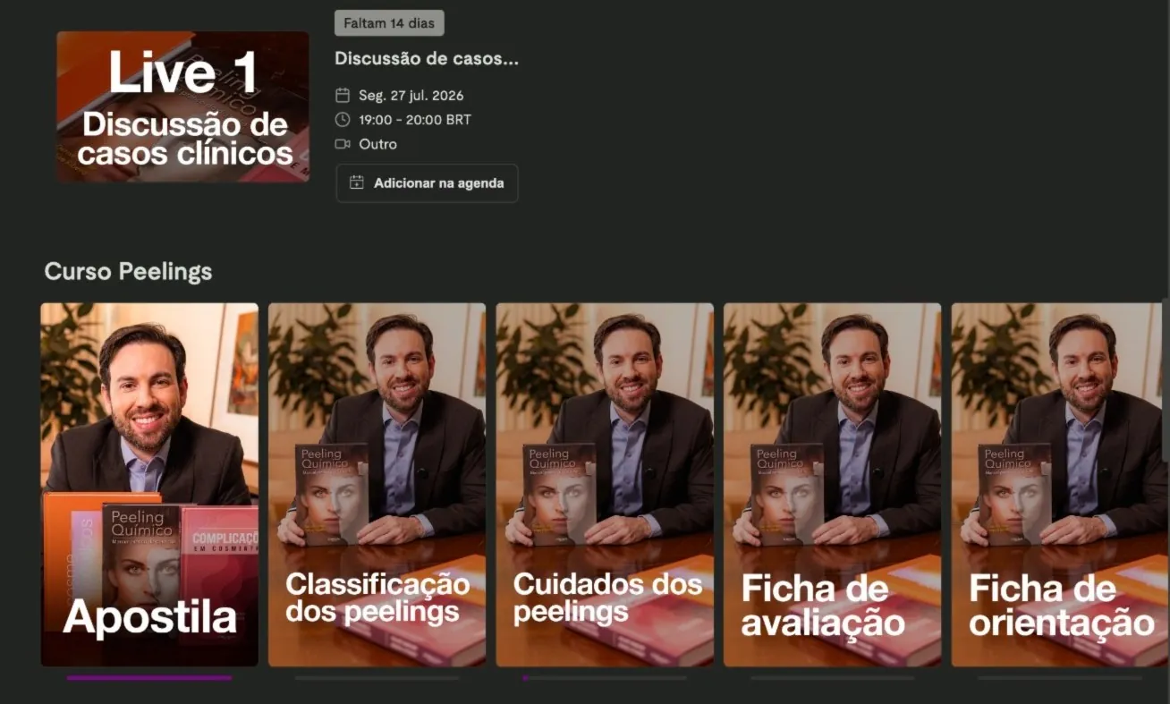 Área de membros da SKN Science Academy: a próxima live de discussão de casos e o Curso Peelings, com apostila, classificação dos peelings, cuidados e fichas de avaliação e orientação.